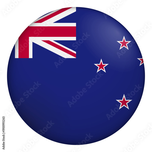 Flag of New Zealand. Glossy circular flag. Button appearance. 3D Icon Design with depth