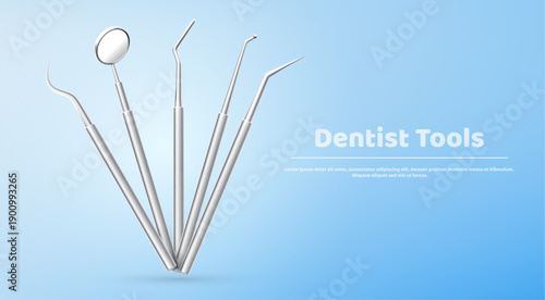 Dental clinic presentation template with dentistry tools on blue background. Vector realistic illustration of teeth treatment equipment, ad banner design witn mouth mirror, oral hygiene instruments