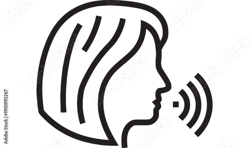 Woman speaking icon with side profile silhouette and sound waves, minimalist black line symbol for voice, communication, speech recognition, assistant UI on white