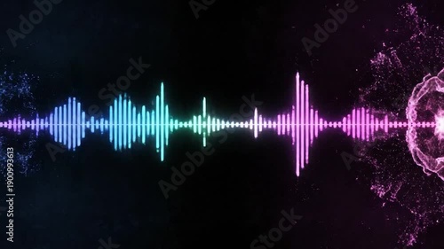 Animated digital audio wave form, green to yellow, over black. Glowing lines and particle effect