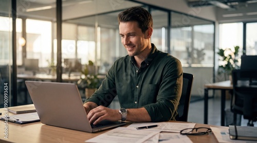 Young professional working diligently on laptop in modern office space