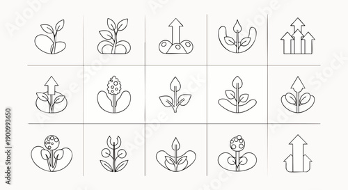 Set of linear icons representing plant growth, development, and progress with upward arrows and sprouts