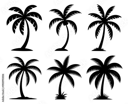Black palm tree silhouette set in different tropical shapes, coconut trees