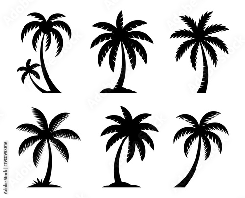 Black palm tree silhouette set in different tropical shapes, coconut trees