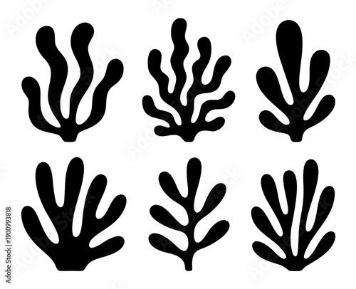 Black seaweed and algae silhouette set, underwater plants and marine vegetation