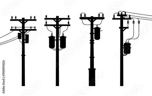 Black silhouette set of electric utility poles with transformers and power lines, electricity distribution infrastructure