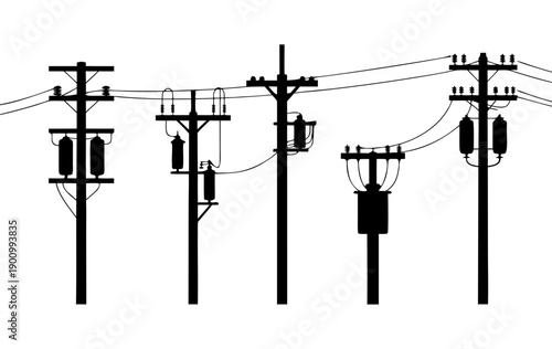 Black silhouette set of electric utility poles with transformers and power lines, electricity distribution infrastructure