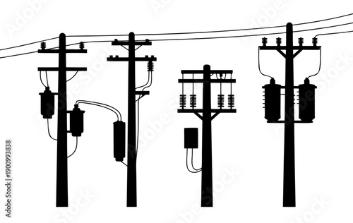 Black silhouette set of electric utility poles with transformers and power lines, electricity distribution infrastructure
