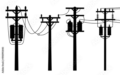 Black silhouette set of electric utility poles with transformers and power lines, electricity distribution infrastructure