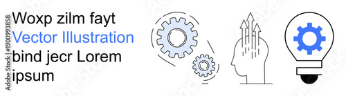 Innovation, brainstorming, technology, problem-solving, productivity, creativity. Gears, head with arrows and light bulb with gear. Innovation and brainstorming concept for technology