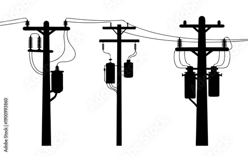 Black silhouette set of electric utility poles with transformers and power lines, electricity distribution infrastructure