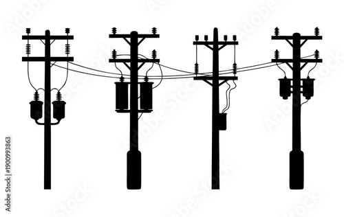Black silhouette set of electric utility poles with transformers and power lines, electricity distribution infrastructure