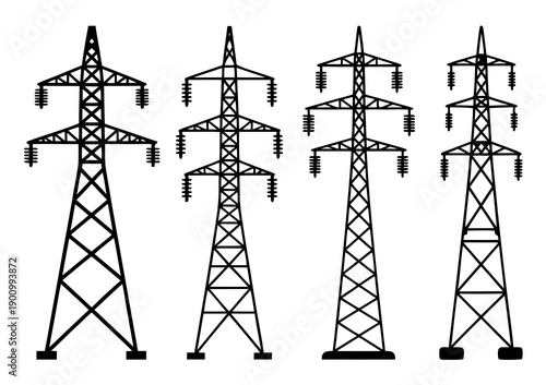 Transmission tower variations, electrical pylon silhouettes, power grid infrastructure,Electric utility poles 