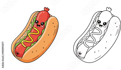 Cute kawaii hotdog character vector illustration set, colored and black and white outline for coloring book, funny happy fast food icon isolated on white background