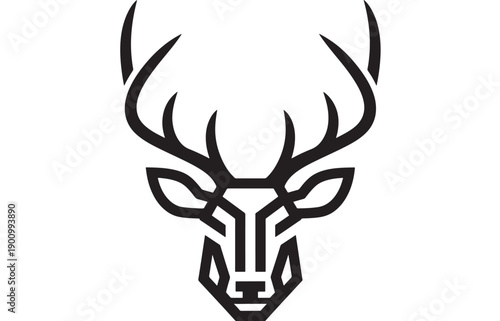 Deer head logo with geometric antlers and minimalist black silhouette, modern wildlife emblem for hunting club branding, outdoor adventure badge, icon isolated on white