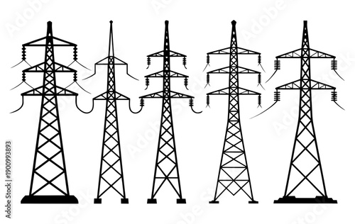 Transmission tower variations, electrical pylon silhouettes, power grid infrastructure,Electric utility poles 