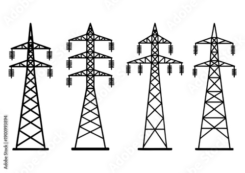 Transmission tower variations, electrical pylon silhouettes, power grid infrastructure,Electric utility poles 