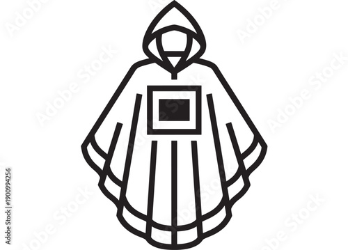 Poncho hooded raincoat icon in black and white outline style, minimal line art symbol of waterproof outerwear for hiking, camping, travel and weather protection apps