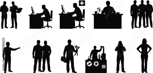 Business and industry worker silhouettes, office staff, medical, engineering, teamwork roles, professional occupations collection, black white vector illustration set