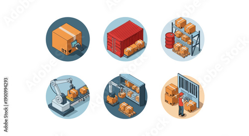 Flat lay illustration of various warehouse and logistics icons including boxes and pallets