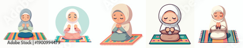 vector of islamic little girl sitting on prayer mat praying gesture in the month of ramadan front view