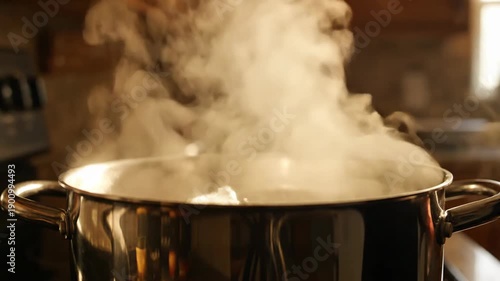 Cooking pot on stove top with boiling water and rising steam