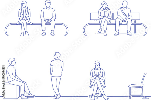 Minimalist Line Art of People Sitting on Benches architectural drawing CAD design