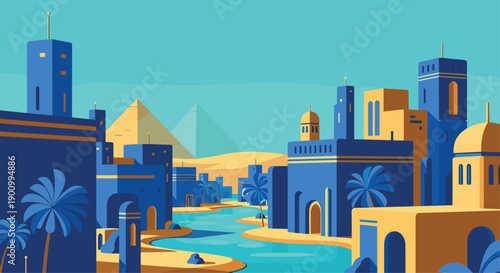 Stylized Egyptian cityscape, featuring vibrant blue and yellow buildings, lush palm trees, a flowing river, and ancient pyramids in the distant desert under a clear blue sky.