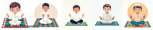 vector of islamic little boy sitting on prayer mat praying gesture in the month of ramadan front view