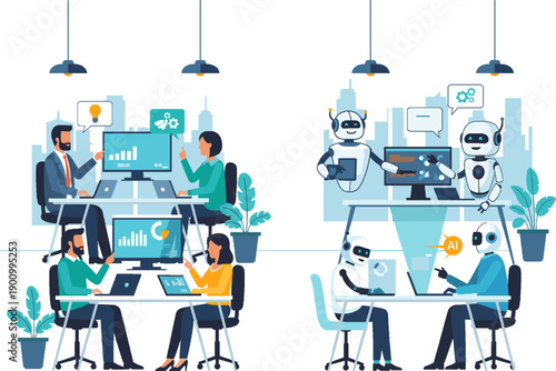Human and Artificial Intelligence Collaboration in Modern Office, Flat Vector Illustration