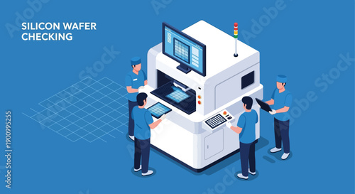 Illustration of technicians checking silicon wafers on a large inspection machine with a screen