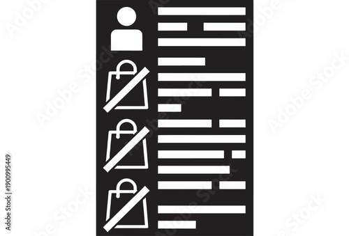 Resume document icon with profile avatar and redacted text lines, showing hidden shopping bag symbols for retail experience, minimal black and white UI pictogram design