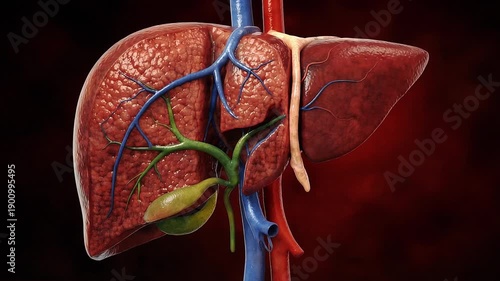 Human liver anatomy rotating to reveal gallbladder, bile ducts, hepatic vessels and portal vein
