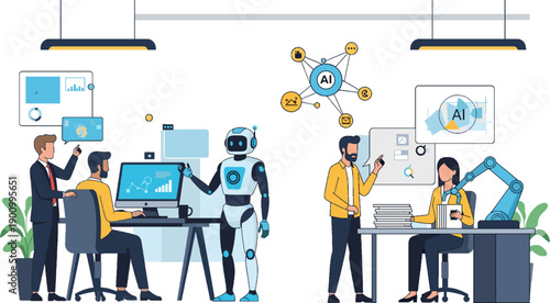 Human and Artificial Intelligence Collaboration in Modern Office, Flat Vector Illustration