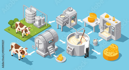 Isometric illustration of a cheese production process from cow to packaging in a factory with a blue background