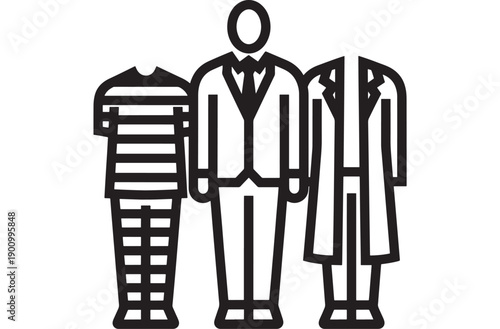 Clothing icons set with business suit and two coats, black outline wardrobe pictograms for fashion store, laundry service, dry cleaning, and apparel catalog design
