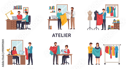 Flat lay illustration of people working in a fashion atelier with various sewing and design activities