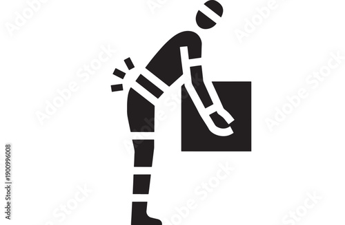 Worker back pain pictogram with person bending to lift heavy box, simple black and white icon for ergonomics, injury prevention, workplace safety and manual handling