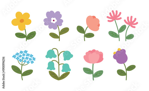 Set of 8 cute hand-drawn spring flower illustrations. Colorful floral icons including tulips, daisies, and bellflowers in a flat doodle style, perfect for stickers, cards, and nursery decor.