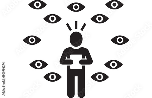 Person icon under surveillance with multiple watching eyes around, privacy concern concept, data monitoring and security awareness pictogram isolated on white