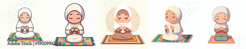 vector of islamic little girl sitting on prayer mat praying gesture in the month of ramadan front view