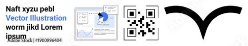 Data analytics, technology, code scanning, minimal design, digital interfaces, abstract visuals. A graph and pie chart, a QR code and a black abstract shape with text. Data analytics and technology