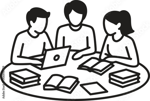 Study group icon with laptop and books editable line symbol. Learning, education, teamwork, study vector illustration
