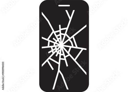 Smartphone broken screen icon with cracked glass spiderweb fracture symbol, black and white flat vector silhouette for repair service, insurance, damage warning UI