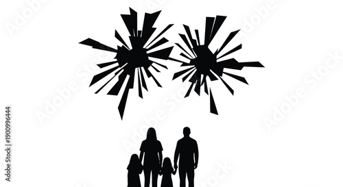 Firework explosion silhouette with family watching isolated white background