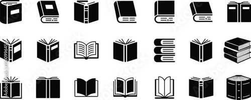Book icon collection, open and closed books, stacks and volumes, black vector silhouettes for reading, education, library and publishing design
