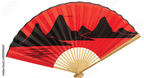 Red oriental fan with mountain landscape isolated white background

