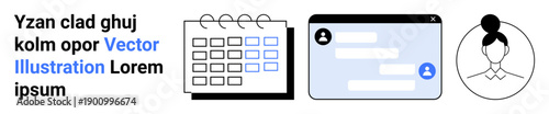 Time management, messaging, profiles, online meetings, digital tools, organization. Calendar, chat interface and avatar icons. Time management and messaging tools for efficient communication
