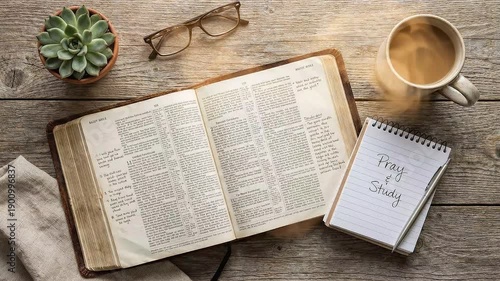 Overhead Flat Lay of Open Bible with Coffee and Notepad