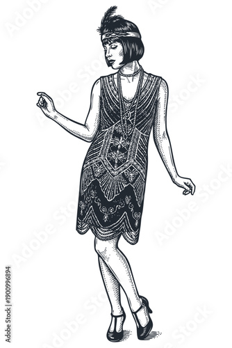 An elegant woman in a 1920s beaded flapper dress and feathered headband. Vintage style monochrome vector illustration of a jazz age dancer.